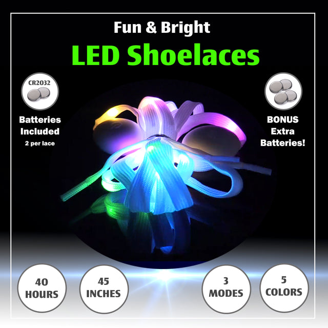 |4 Pairs| 5 Color Flashing LED Light Up Shoe Laces Glow in the Dark White Tie Shoelaces for Sneakers, Skates, 45 inch