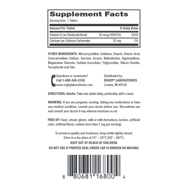 Rugby Vitamin D3 Dietary Supplement, 25 mcg