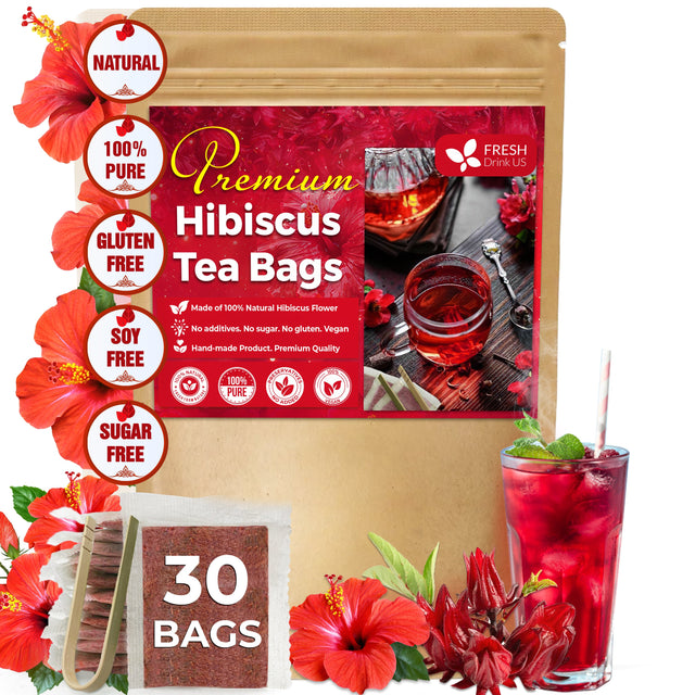 Hibiscus Dried Flowers, Tea Bags, 100% Natural, Pure from Hibiscus Flowers. Loose Flower Hibiscus Herbal Tea. Hibiscus Flower Tea. No Sugar, No Caffeine, No Gluten, Vegan.