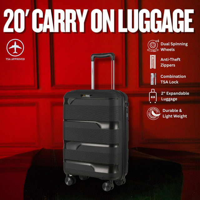20-inch Black Carry-On Hardcase Roller Luggage with 360° Wheels