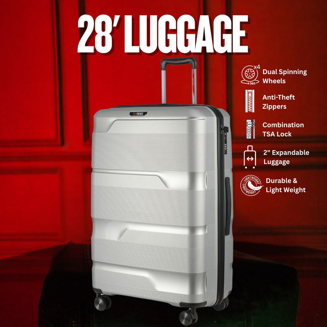28-inch Silver Hardcase Roller Luggage with 360° Wheels & TSA Lock