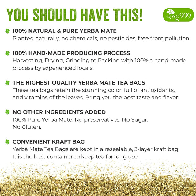 Yerba Mate Tea Bags, Hi-Caffeine, Unsmoked Yerba Mate Tea Bags, Super-Green Yerba Mate, No Dust