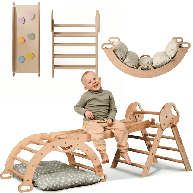 4in1 Montessori Climbing Set: Pikler Triangle, Arch, Slide Board, and Cushion for Toddlers (1–3 Years)