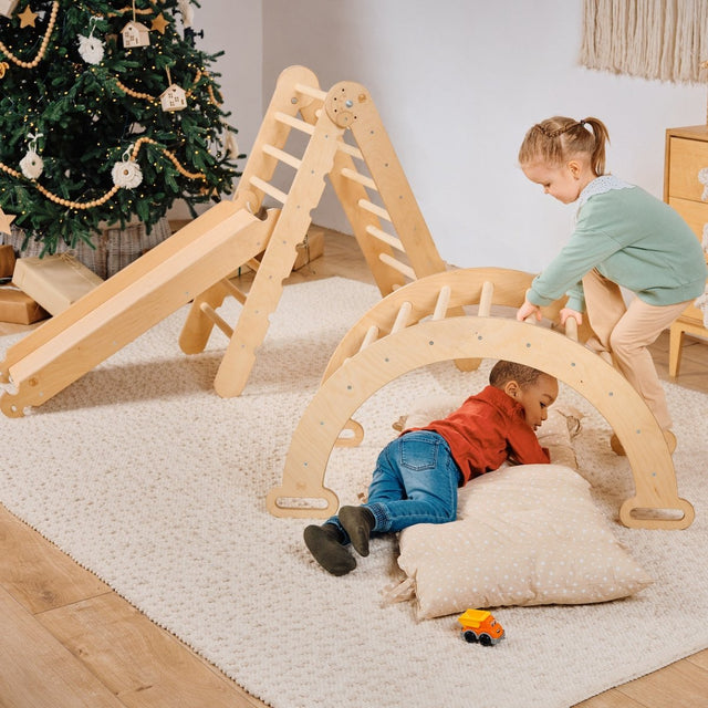 4in1 Montessori Climbing Set: Triangle Ladder + Climbing Arch + Slide Board & Cushion – Beige