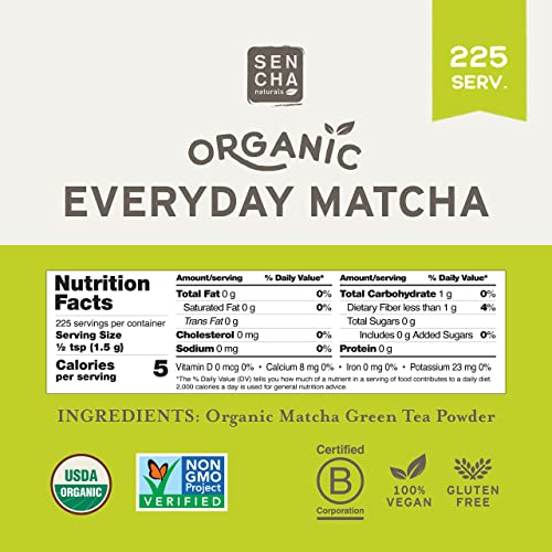 SEN CHA Naturals Organic Everyday Matcha Powder, Authentic Japanese Matcha Green Tea Powder, Premium First & Second Harvest Culinary Grade Organic Matcha Tea, Lattes & Baking, 12oz Bag (1 Pack)