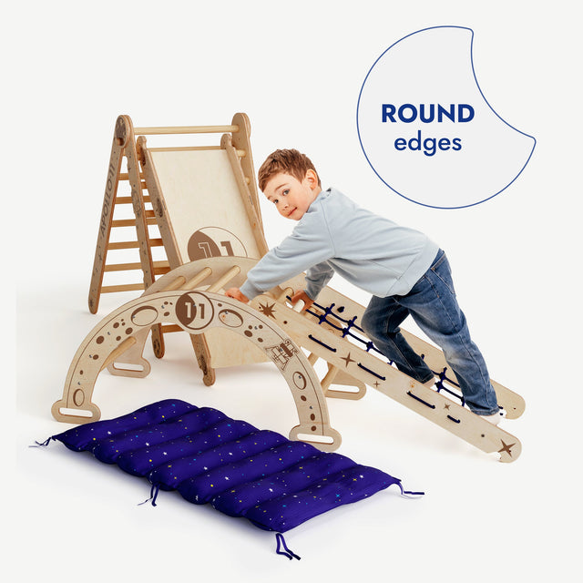Apollo 5in1 Climbing Set: Pikler Triangle, Net, Arch, Slide Board, and Cushion for Little Astronauts