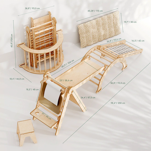 6in1 Montessori Climbing Set: Triangle Ladder + Arch/Rocker + Slide/Ramp + Net + Cushion + Art Addition