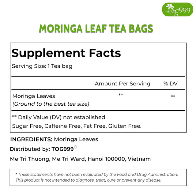 TOG999, Premium 120 Moringa Leaf Tea Bags, 100% Natural & Pure from Moringa Leaves. Loose Leaf Moringa Herbal Tea. Moringa Leaf Tea. No Sugar, No Caffeine, No Gluten, Vegan.