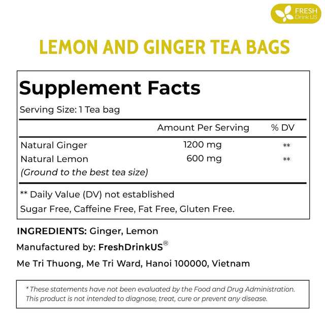 Premium Lemon Ginger Tea Bag, Eco-conscious Tea Bags. Lemon Ginger Herbal Tea. No Sugar, No Caffeine, No Gluten, Vegan.