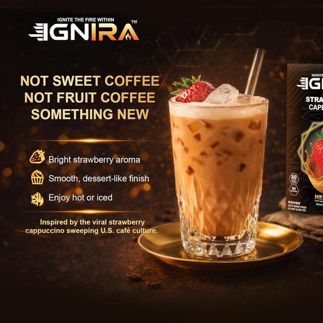 IGNIRA Strawberry Cappuccino – Premium Robusta Instant Coffee Packets, Hot or Iced Milk Coffees, Aromatic Strawberry Flavor, Smooth & Creamy, No Soybeans, No Cholesterol, Ready-to-Mix, Café Taste – HexFire Energy, 20 Single-Serve Sticks (12.69 oz)