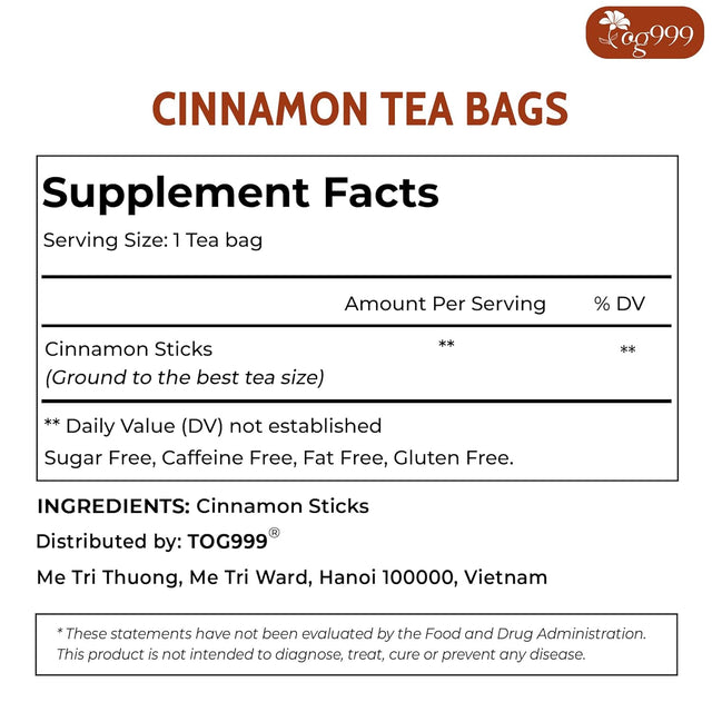 TOG999, Premium 135 Tea Bags - Special Cinnamon Tea, 100% Natural & Pure Cinnamon Bark. Cinnamon Herbal Tea. Cinnamon Stick Herbal Spice Tea. No Sugar, No Caffeine, No Gluten, Vegan.