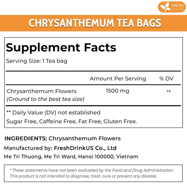 Premium Chrysanthemum Flower Tea Bags. Chrysanthemum Flower Herbal Tea. No Sugar, No Caffeine, No Gluten, Vegan.