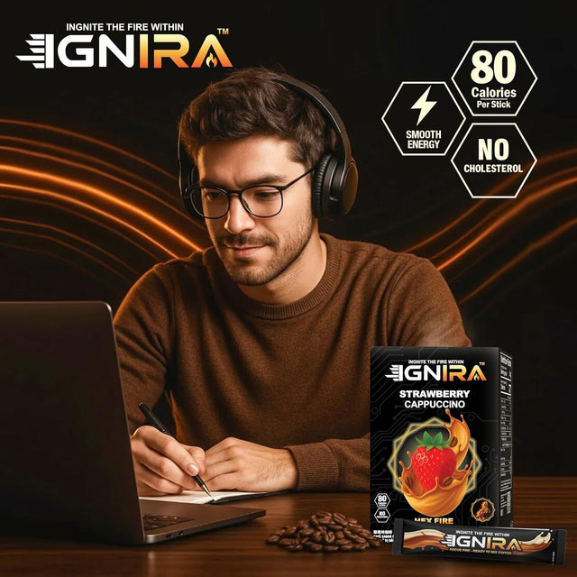 IGNIRA Strawberry Cappuccino – Premium Robusta Instant Coffee Packets, Hot or Iced Milk Coffees, Aromatic Strawberry Flavor, Smooth & Creamy, No Soybeans, No Cholesterol, Ready-to-Mix, Café Taste – HexFire Energy, 20 Single-Serve Sticks (12.69 oz)