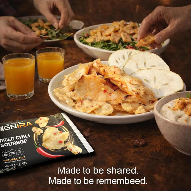 IGNIRA Spicy Dried Soursop with Chili, Vegan Sweet & Hot Fruit Snacks, Premium Soft Dried Chili Soursop, Plant-based, Gluten-free, Real Fruit Snack Strips, Vortex Fire energy Pack of 6 (10.56 oz)