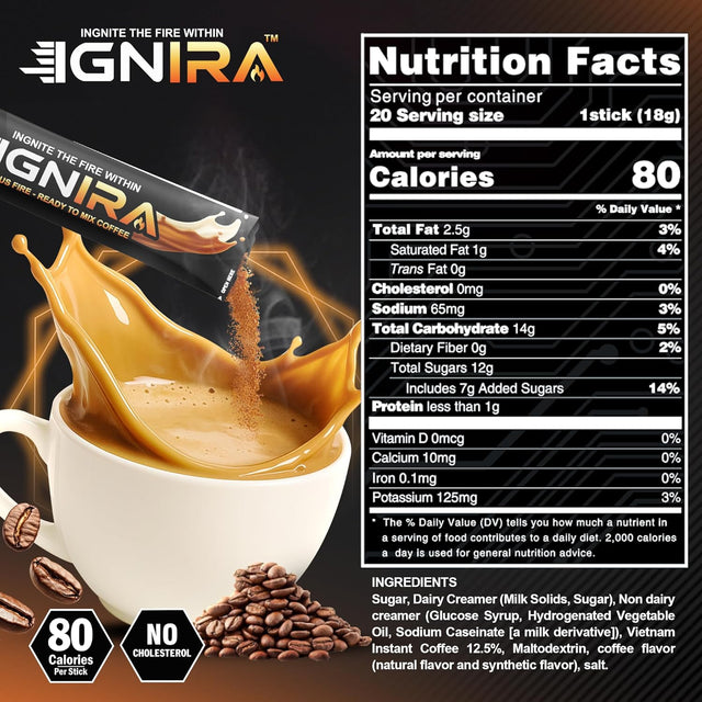 IGNIRA Original Instant Coffee – Hot or Iced Milk Coffees, Premium Robusta Instant Coffee Packets, Not Too Sweet, No Cholesterol, No Soybeans, Ready-to-Mix – HexFire Energy, 20 Single-Serve Sticks (12.69 oz)