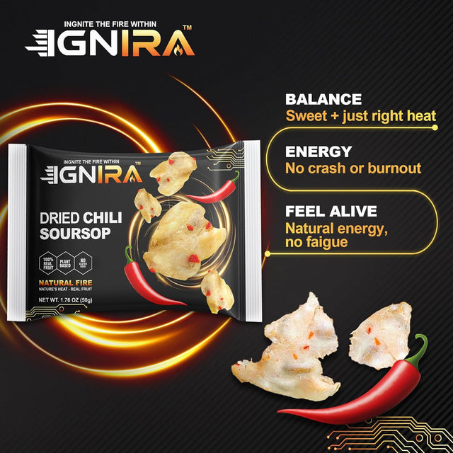IGNIRA Spicy Dried Soursop with Chili, Vegan Sweet & Hot Fruit Snacks, Premium Soft Dried Chili Soursop, Plant-based, Gluten-free, Real Fruit Snack Strips, Vortex Fire energy Pack of 6 (10.56 oz)