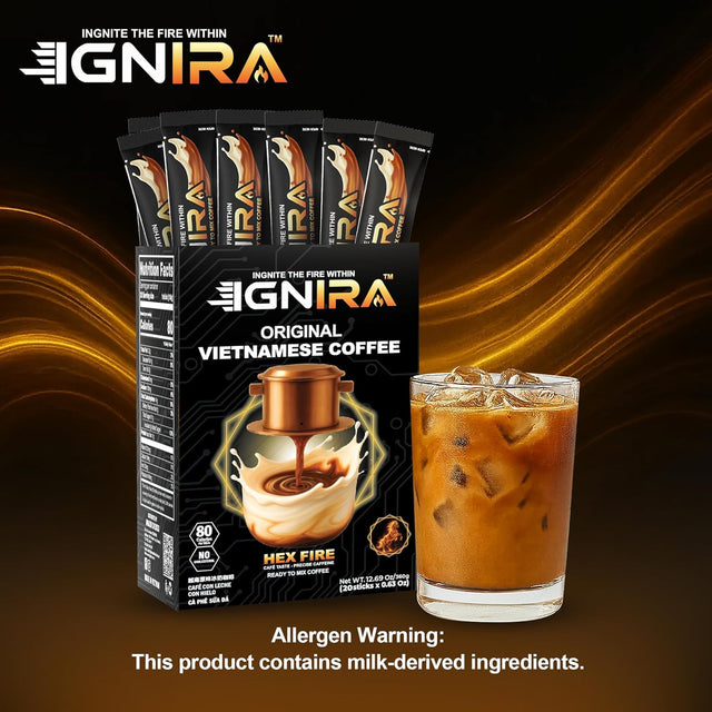 IGNIRA Original Instant Coffee – Hot or Iced Milk Coffees, Premium Robusta Instant Coffee Packets, Not Too Sweet, No Cholesterol, No Soybeans, Ready-to-Mix – HexFire Energy, 20 Single-Serve Sticks (12.69 oz)