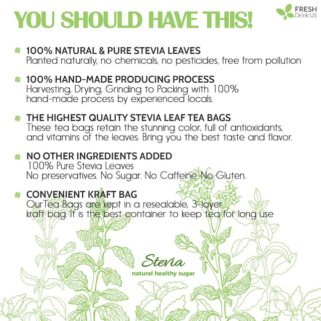 Stevia Leaf, Whole Dried Leaves, Tea Bags, Powder, 100% Natural and Pure from Stevia Leaves. Sugar Substitute for Tea, Coffee. Loose Leaf Stevia Herbal Tea. Zero Calorie Sweetener. No Sugar, No Caffeine, No Gluten, Vegan.