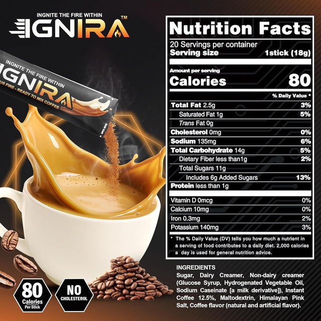 IGNIRA Himalayan Salted Coffee – Premium Robusta Instant Coffee Packets, Hot or Iced Milk Coffees, Smooth Salted Flavor, No Soybeans, No Cholesterol, Ready-to-Mix, Cafe Taste – HexFire Energy, 20 Single-Serve Sticks (12.69 oz)