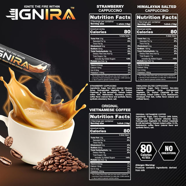 IGNIRA Cappuccino Variety Collection – Robusta Instant Coffee Mix Packets: Strawberry, Original, Himalayan Salted – Smooth & Creamy, Hot or Iced Milk Coffees, No Soybeans, Café Taste, Ready-to-Mix – HexFire Energy, 6 Single-Serve Sticks (3.80 oz)