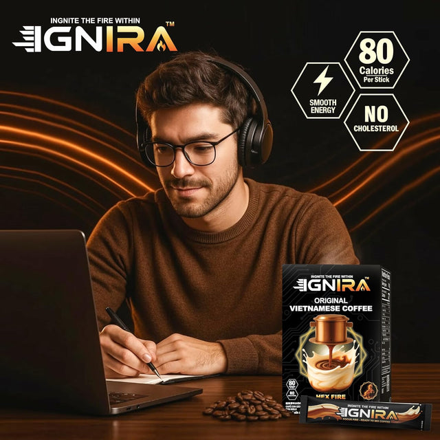 IGNIRA Original Instant Coffee – Hot or Iced Milk Coffees, Premium Robusta Instant Coffee Packets, Not Too Sweet, No Cholesterol, No Soybeans, Ready-to-Mix – HexFire Energy, 20 Single-Serve Sticks (12.69 oz)