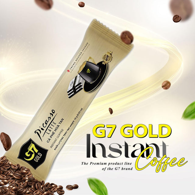 TRUNG NGUYEN G7 Gold Picasso Latte Instant Coffee Single Served Sticks for Energy Boost (8.9 oz - Box of 14 Sticks)