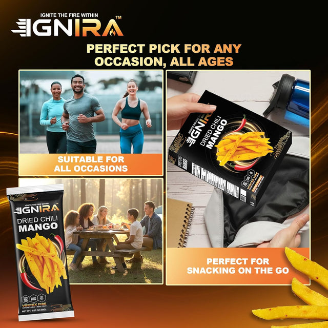IGNIRA Dried Mango with chili, Sweet & Hot Fruit Snack Strips, Dry Chamoy Mangoes Slices, Chili Mangoes Snacks for Office, Gluten-Free, Plant-Based, Real Fruit, Vortex Energy Pack of 1 (1.67oz)