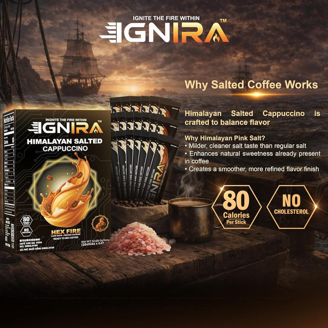 IGNIRA Himalayan Salted Coffee – Premium Robusta Instant Coffee Packets, Hot or Iced Milk Coffees, Smooth Salted Flavor, No Soybeans, No Cholesterol, Ready-to-Mix, Cafe Taste – HexFire Energy, 20 Single-Serve Sticks (12.69 oz)