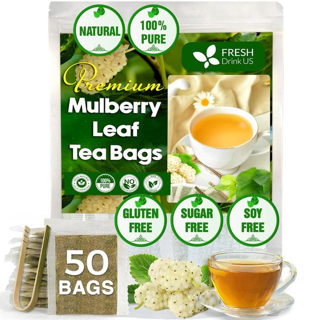 Premium Mulberry Leaf Tea Bags. No Sugar, No Caffeine, No Gluten, Vegan.