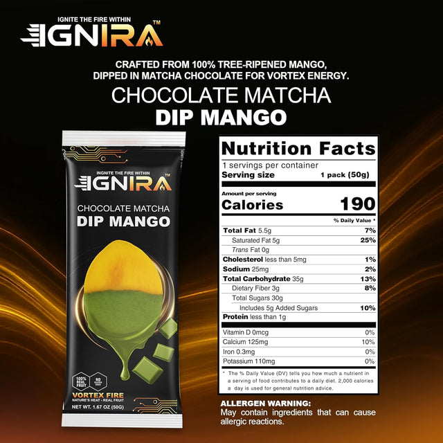 IGNIRA Dried Mango Slices Covered in Matcha Chocolate, Tropical Matcha Chocolates Dipped Fruit Snack, Fruit Snacks Strips, Chocolate Covered Fruit, Gluten-Free, Real Fruit, Vortex Energy Pack of 6 (10.58 oz)