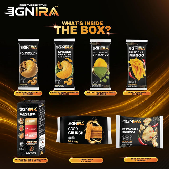IGNIRA Signature Gift Edition – Coffee and Snacks Gift Set - Exotic Snack Gift Box with Dried Fruit, Coconut Crackers, Cashews & Instant Coffee, Sweet & Spicy Flavors, Ready-to-Give Snack Gift - 7 Piece Assortment