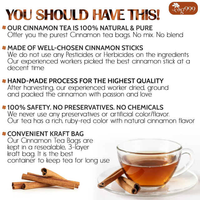 TOG999, Premium 135 Tea Bags - Special Cinnamon Tea, 100% Natural & Pure Cinnamon Bark. Cinnamon Herbal Tea. Cinnamon Stick Herbal Spice Tea. No Sugar, No Caffeine, No Gluten, Vegan.