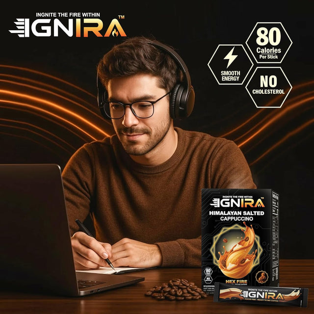 IGNIRA Himalayan Salted Coffee – Premium Robusta Instant Coffee Packets, Hot or Iced Milk Coffees, Smooth Salted Flavor, No Soybeans, No Cholesterol, Ready-to-Mix, Cafe Taste – HexFire Energy, 20 Single-Serve Sticks (12.69 oz)
