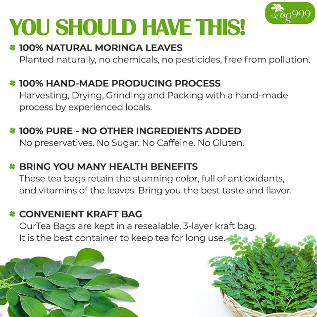 TOG999, Premium 120 Moringa Leaf Tea Bags, 100% Natural & Pure from Moringa Leaves. Loose Leaf Moringa Herbal Tea. Moringa Leaf Tea. No Sugar, No Caffeine, No Gluten, Vegan.