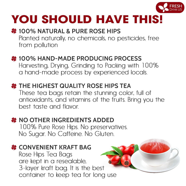 Premium Rosehip Tea Bags, 100% Natural & Pure from Rose Hip Fruits.