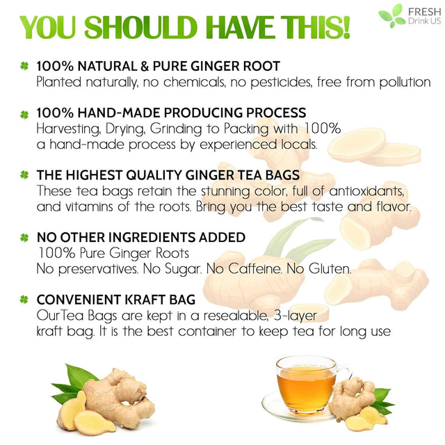 Premium Ginger Tea Bags, 100% Natural & Pure from Ginger Roots, Ginger Tea, Ginger Herbal Tea. Ginger Tea. No Sugar, No Caffeine, No Gluten, Vegan.