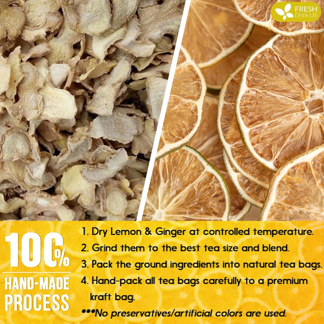 Premium Lemon Ginger Tea Bag, Eco-conscious Tea Bags. Lemon Ginger Herbal Tea. No Sugar, No Caffeine, No Gluten, Vegan.