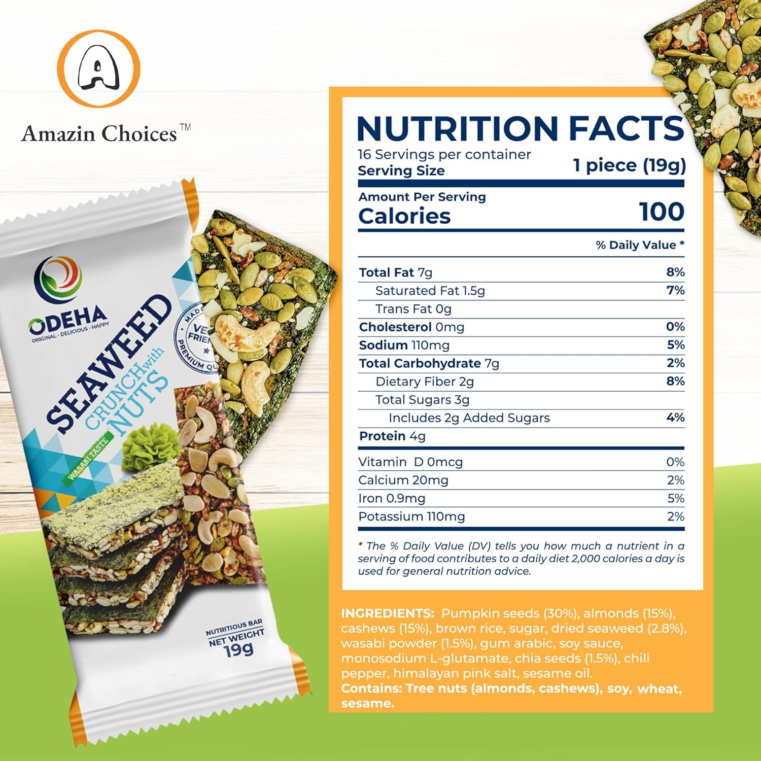 Amazin Choices Seaweed Crunch with Nuts Wasabi Taste, 10.72 oz., 16 ct.