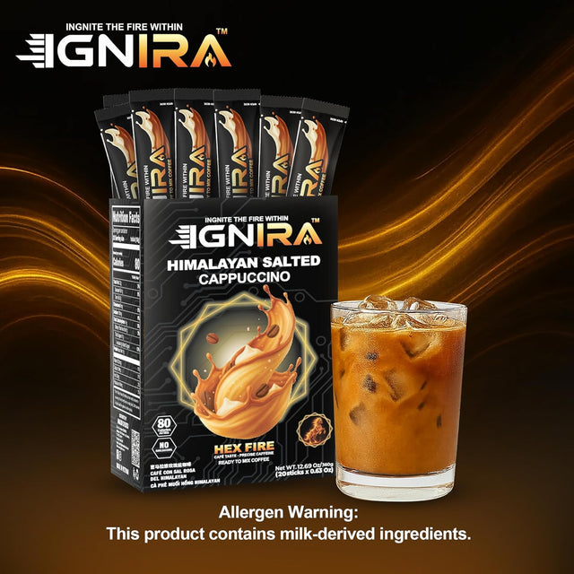 IGNIRA Himalayan Salted Coffee – Premium Robusta Instant Coffee Packets, Hot or Iced Milk Coffees, Smooth Salted Flavor, No Soybeans, No Cholesterol, Ready-to-Mix, Cafe Taste – HexFire Energy, 20 Single-Serve Sticks (12.69 oz)