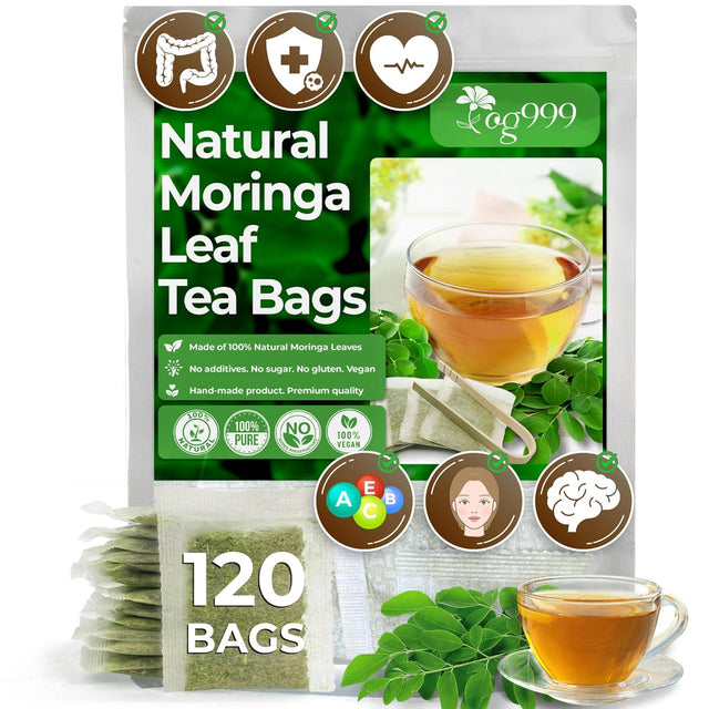 TOG999, Premium 120 Moringa Leaf Tea Bags, 100% Natural & Pure from Moringa Leaves. Loose Leaf Moringa Herbal Tea. Moringa Leaf Tea. No Sugar, No Caffeine, No Gluten, Vegan.