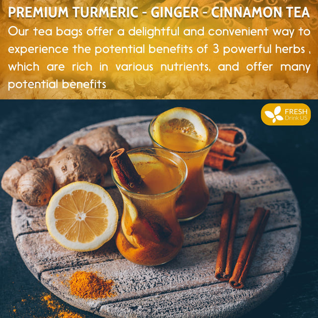 Turmeric, Ginger, Cinnamon Tea, Tea Bags, 100% Natural, Hand-made Blend of Turmeric, Ginger, and Cinnamon. Eco-conscious Tea Bags. Turmeric Ginger Herbal Tea. No Sugar, No Caffeine, No Gluten, Vegan.