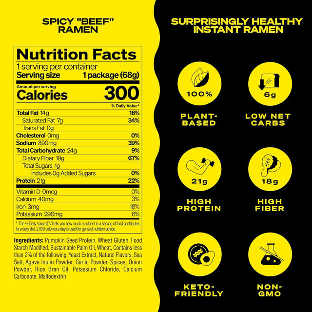 immi Spicy "Beef" Ramen, 100% Plant Based, Keto Friendly, High Protein, Low Carb, Packaged Noodle Meal Kit, Ready to Eat, 2.4 OZ