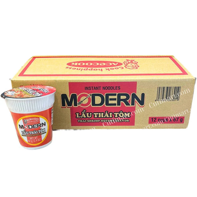 Acecook Modern Shrimp Instant Noodle Cups (Mì Modern Lẩu Thái Tôm) - (1 Box/12 Cups) - 67g