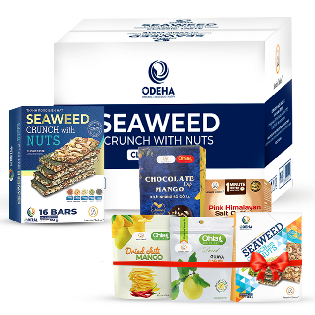 BIG DEAL! Buy 1 Case Seaweed Crunch with Nuts (24 Boxes, 16 Bars Each) – Original Price $479.76 → Now $384 (20% OFF) + FREE Viet Snack Gift Set ($95 Value: Dried Guava, Chili Mango, Wasabi Seaweed, Pink Salt Coffee, Chocolate Dip Mango)