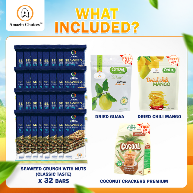 Buy for $39.98, Get 3 FREE Snack Gifts ($20.97 Value) – Amazin Choices Premium Seaweed Crunch with Nuts, 2 Boxes (32 Bars) – Gifts: Dried Guava, Coconut Cracker & Dried Chili Mango