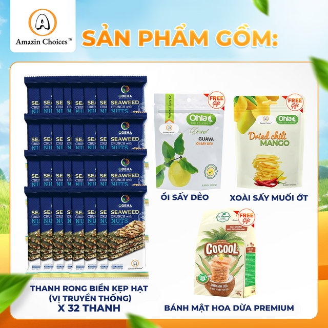 Amazin Choices Rong Biển Kẹp Hạt Cao Cấp 2 Hộp (32 Thanh) – Mua $39.98, Tặng Miễn Phí Bộ Quà Snack Việt ($20.97 Giá Trị): Xoài Cay Sấy Dẻo, Ổi Sấy Dẻo & Bánh Dừa Nướng