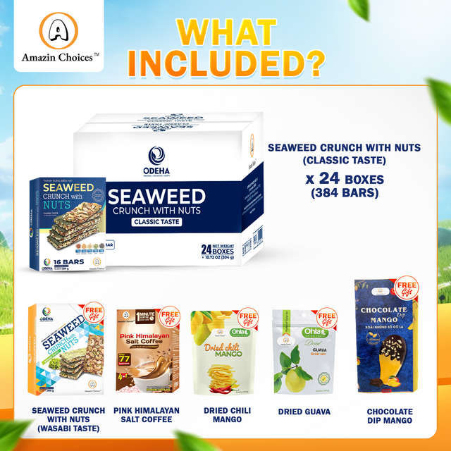 BIG DEAL! Buy 1 Case Seaweed Crunch with Nuts (24 Boxes, 16 Bars Each) – Original Price $479.76 → Now $384 (20% OFF) + FREE Viet Snack Gift Set ($95 Value: Dried Guava, Chili Mango, Wasabi Seaweed, Pink Salt Coffee, Chocolate Dip Mango)