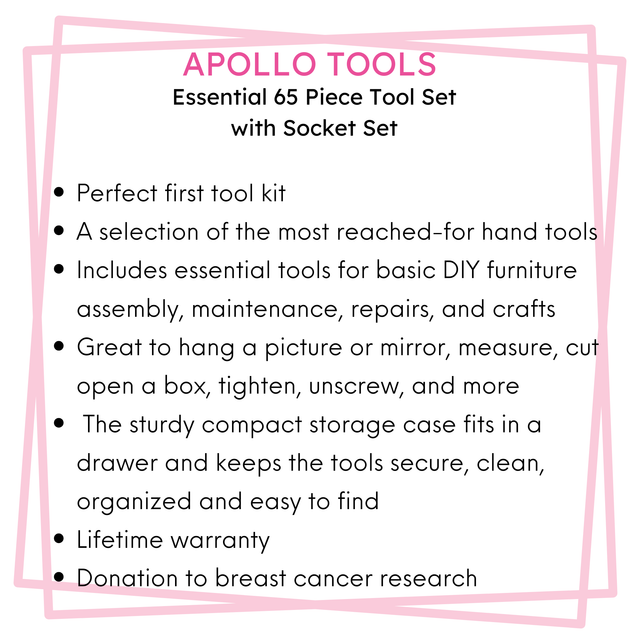 Essential 65-Piece Pink Tool Set with Socket Set and Most-Used Tools for Do it Yourself Repairs and Maintenance - DT0001P