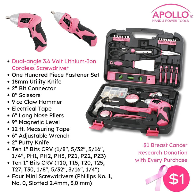 135 Piece Household Tool Kit Pink with Pivoting Dual-Angle 3.6 Volt Lithium-Ion Cordless Screwdriver - DT0773N1