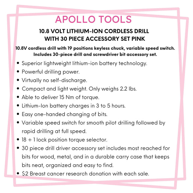10.8 Volt Lithium-Ion Cordless Drill with 30 Piece Accessory Set PINK - DT4937P
